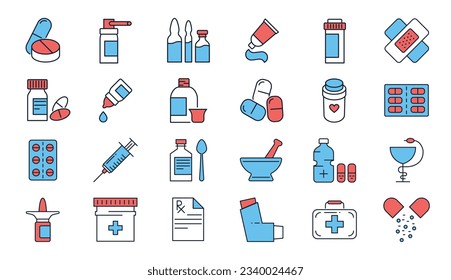 Drugs Related Vector Icons set. Drugs signs. Contains such Icons as Pills, Spray, Syringe, First Aid, Gel, Recipe, Syrup, Pills Tube, Tooth Paste, Capsule, Vitamin, Inhaler, Eye Drops