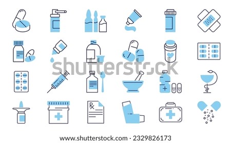 Drugs Related Vector Icons set. Drugs signs. Contains such Icons as Pills, Spray, Syringe, First Aid, Gel, Recipe, Syrup, Pills Tube, Tooth Paste, Capsule, Vitamin, Inhaler, Eye Drops