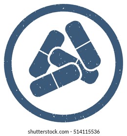 Drugs rubber seal stamp watermark. Icon vector symbol with grunge design and dust texture. Scratched blue ink emblem on a white background.