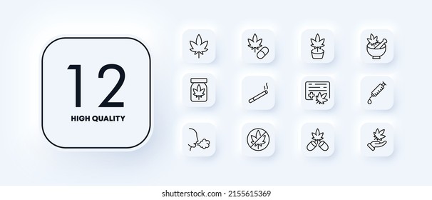 Drugs set icon. Smoking, injection, cultivation, prohibition and legalization of drugs. Bad habits concept. Neomorphism style. Vector line icon for Business and Advertising