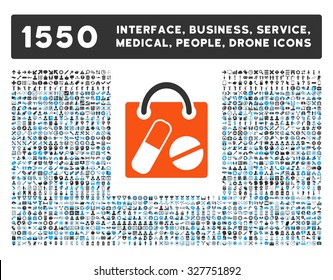 Drugs Shopping Bag and other web interface, business tools, people poses, medical service vector icons. Style is flat symbols, bicolored, rounded angles, white background.