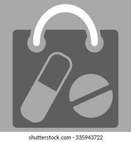 Drugs Shopping Bag vector icon. Style is bicolor flat symbol, dark gray and white colors, rounded angles, silver background.