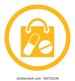 Drugs Shopping Bag vector icon. Style is flat rounded symbol, yellow color, rounded angles, white background.