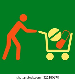 Drugs Shopping vector icon. Style is bicolor flat symbol, orange and yellow colors, rounded angles, green background.