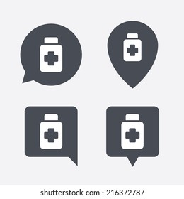 Drugs sign icon. Pack with pills symbol. Map pointers information buttons. Speech bubbles with icons. Vector