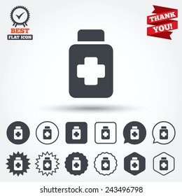 Drugs sign icon. Pack with pills symbol. Circle, star, speech bubble and square buttons. Award medal with check mark. Thank you ribbon. Vector
