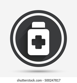 Drugs sign icon. Pack with pills symbol. Circle flat button with shadow and border. Vector