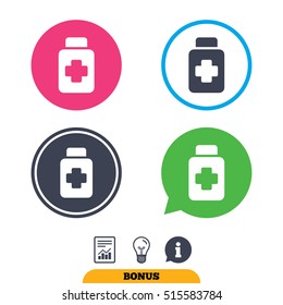 Drugs sign icon. Pack with pills symbol. Report document, information sign and light bulb icons. Vector