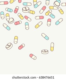  Drugs template. Different pills falling down. Vector illustration