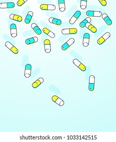 Drugs template. Pills with doutone effect design. Colorful capsules falling background.