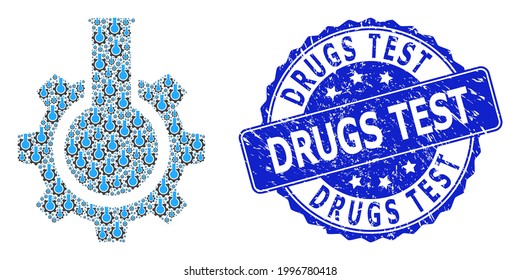 Drugs Test dirty round stamp seal and vector recursive collage chemical industry. Blue stamp seal contains Drugs Test text inside round shape.