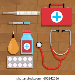 Drugs for treatment top view. Medicine equipment for diagnostic. Vector illustration