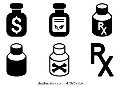 Drugs Vial vector icons. Pictogram style is black flat icons with rounded angles on a white background.