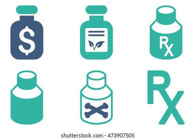 Drugs Vial vector icons. Pictogram style is bicolor cobalt and cyan flat icons with rounded angles on a white background.
