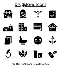 Drugstore, apothecary icons set in glyph style