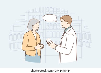 Drugstore assistant during work concept. Young smiling male pharmacist cartoon character woking with his client advising mature woman treatment vector illustration 