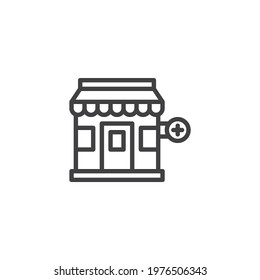 Drugstore building line icon. linear style sign for mobile concept and web design. Medical pharmacy outline vector icon. Symbol, logo illustration. Vector graphics