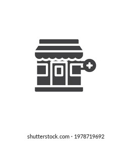 Drugstore building vector icon. filled flat sign for mobile concept and web design. Medical pharmacy glyph icon. Symbol, logo illustration. Vector graphics