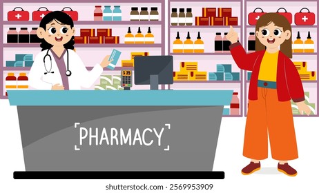 Drugstore cartoon character design vector illustration. Happy pharmacist sells medications in pharmacy interior. Pharmacology and healthcare concept. Medical shop and store, pharmaceutical drugstore 