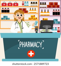 Drugstore cartoon character design vector illustration. Happy pharmacist sells medications in pharmacy interior. Pharmacology and healthcare concept. Medical shop and store, pharmaceutical drugstore