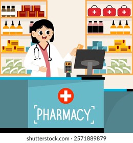 Drugstore cartoon character design vector illustration. Happy pharmacist sells medications in pharmacy interior. Pharmacology and healthcare concept. Medical shop and store, pharmaceutical drugstore