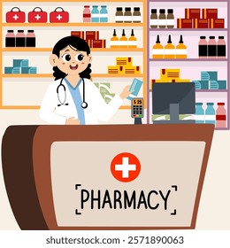 Drugstore cartoon character design vector illustration. Happy pharmacist sells medications in pharmacy interior. Pharmacology and healthcare concept. Medical shop and store, pharmaceutical drugstore