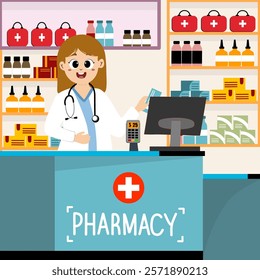 Drugstore cartoon character design vector illustration. Happy pharmacist sells medications in pharmacy interior. Pharmacology and healthcare concept. Medical shop and store, pharmaceutical drugstore