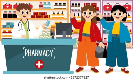 Drugstore cartoon character design vector illustration. Happy pharmacist sells medications in pharmacy interior. Pharmacology and healthcare concept. Medical shop and store, pharmaceutical drugstore