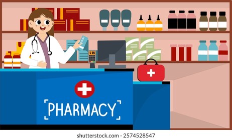 Drugstore cartoon character design vector illustration. Happy pharmacist sells medications in pharmacy interior. Pharmacology and healthcare concept. Medical shop and store, pharmaceutical drugstore