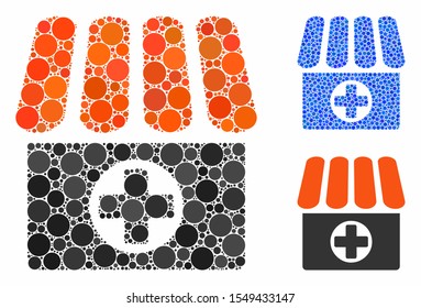 Drugstore composition of circle elements in various sizes and color tinges, based on drugstore icon. Vector circle elements are composed into blue composition.
