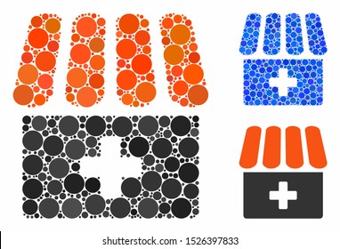 Drugstore composition for drugstore icon of filled circles in different sizes and color hues. Vector filled circles are grouped into blue collage. Dotted drugstore icon in usual and blue versions.