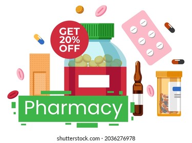 Drugstore with eye drops, capsule and bills in blister, plaster and medication. Pharmacy shop assortment. Promotion banner with reduction and discount on medicine products. Vector in flat style