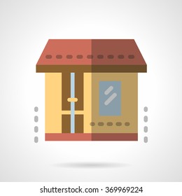Drugstore facade. Simple yellow wall with brown door and window. Storefront and showcases. Shop, market or other commercial building. Vector icon flat color. Web element for site, mobile and business.