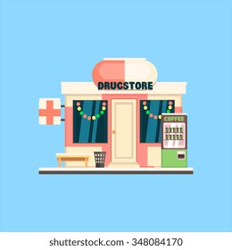 Drugstore Front in Christmas. Flat Vector Illustration