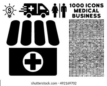 Drugstore icon with 1000 medical business black vector pictograms. Design style is flat symbols, white background.