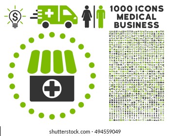 Drugstore icon with 1000 medical commerce eco green and gray vector design elements. Collection style is flat bicolor symbols, white background.