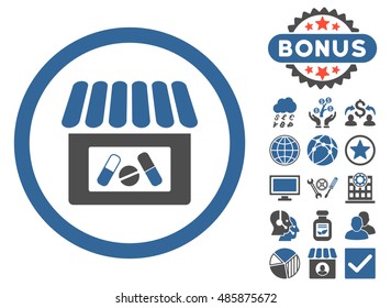 Drugstore icon with bonus design elements. Vector illustration style is flat iconic bicolor symbols, cobalt and gray colors, white background.