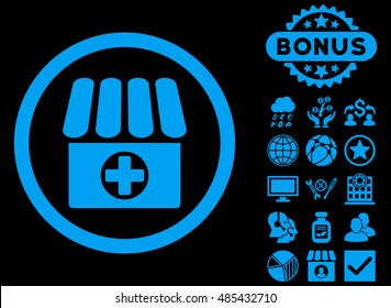 Drugstore icon with bonus elements. Vector illustration style is flat iconic symbols, blue color, black background.