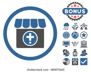 Drugstore icon with bonus elements. Vector illustration style is flat iconic bicolor symbols, cobalt and gray colors, white background.