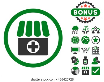 Drugstore icon with bonus elements. Vector illustration style is flat iconic bicolor symbols, green and gray colors, white background.