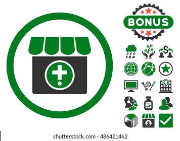 Drugstore icon with bonus elements. Vector illustration style is flat iconic bicolor symbols, green and gray colors, white background.