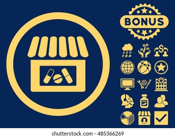 Drugstore icon with bonus images. Vector illustration style is flat iconic symbols, yellow color, blue background.