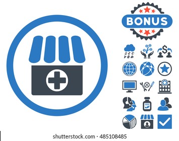 Drugstore icon with bonus pictogram. Vector illustration style is flat iconic bicolor symbols, smooth blue colors, white background.