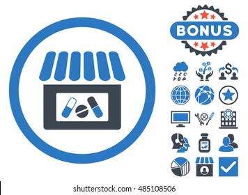 Drugstore icon with bonus pictogram. Vector illustration style is flat iconic bicolor symbols, smooth blue colors, white background.