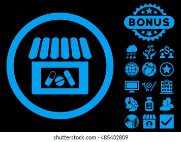 Drugstore icon with bonus pictogram. Vector illustration style is flat iconic symbols, blue color, black background.