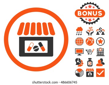 Drugstore icon with bonus pictogram. Vector illustration style is flat iconic bicolor symbols, orange and gray colors, white background.