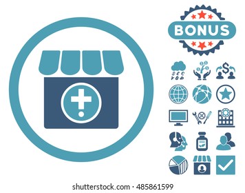 Drugstore icon with bonus pictures. Vector illustration style is flat iconic bicolor symbols, cyan and blue colors, white background.