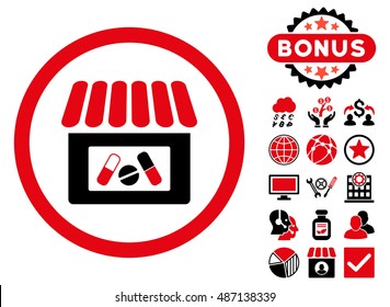 Drugstore icon with bonus pictures. Vector illustration style is flat iconic bicolor symbols, intensive red and black colors, white background.