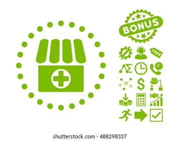 Drugstore Icon With Bonus Pictures. Vector Illustration Style Is Flat Iconic Symbols, Eco Green Color, White Background.