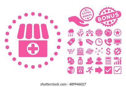 Drugstore icon with bonus pictures. Vector illustration style is flat iconic symbols, pink color, white background.